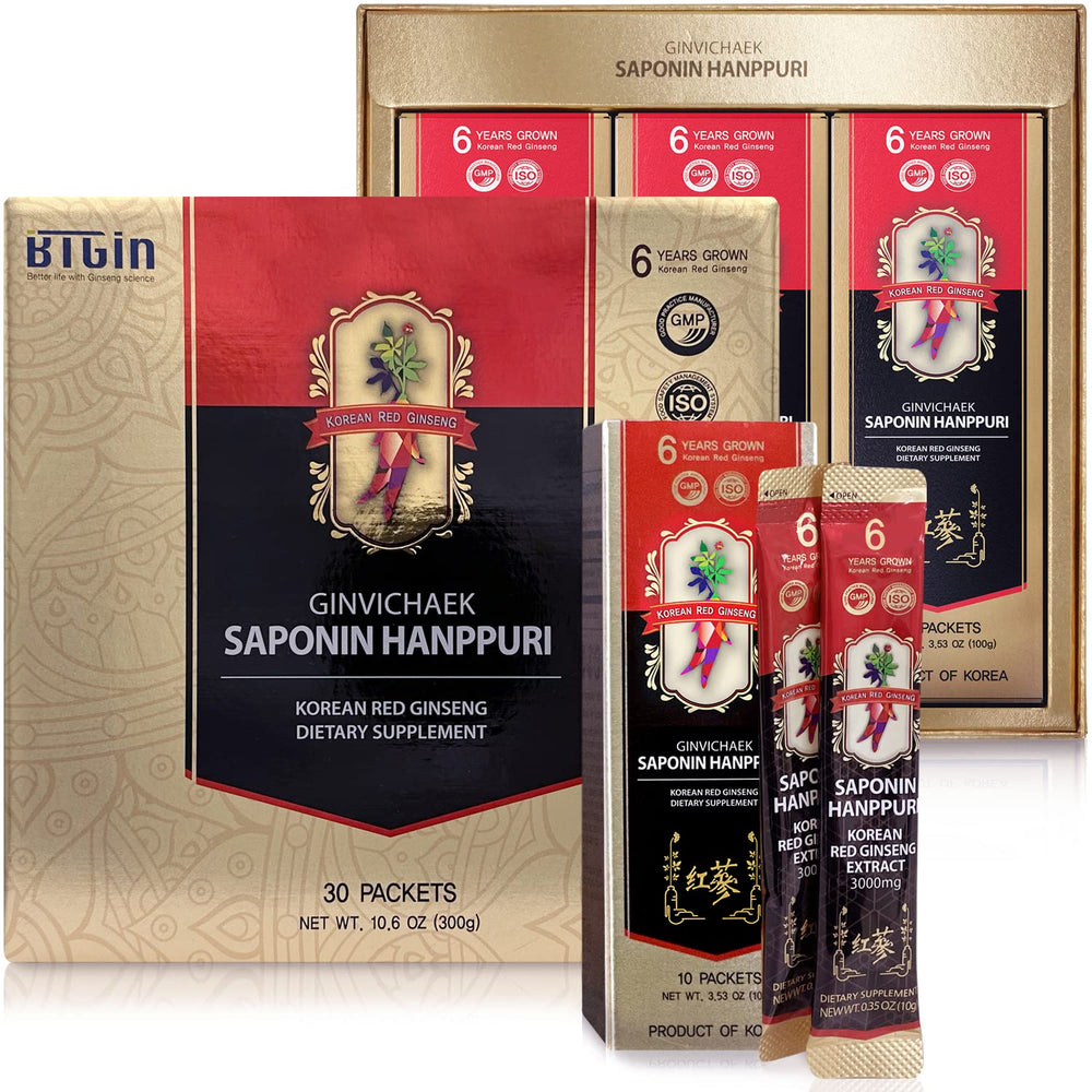 BTGIN Saponin Hanppuri packaging box with ready-to-use ginseng sachets for everyday wellness.