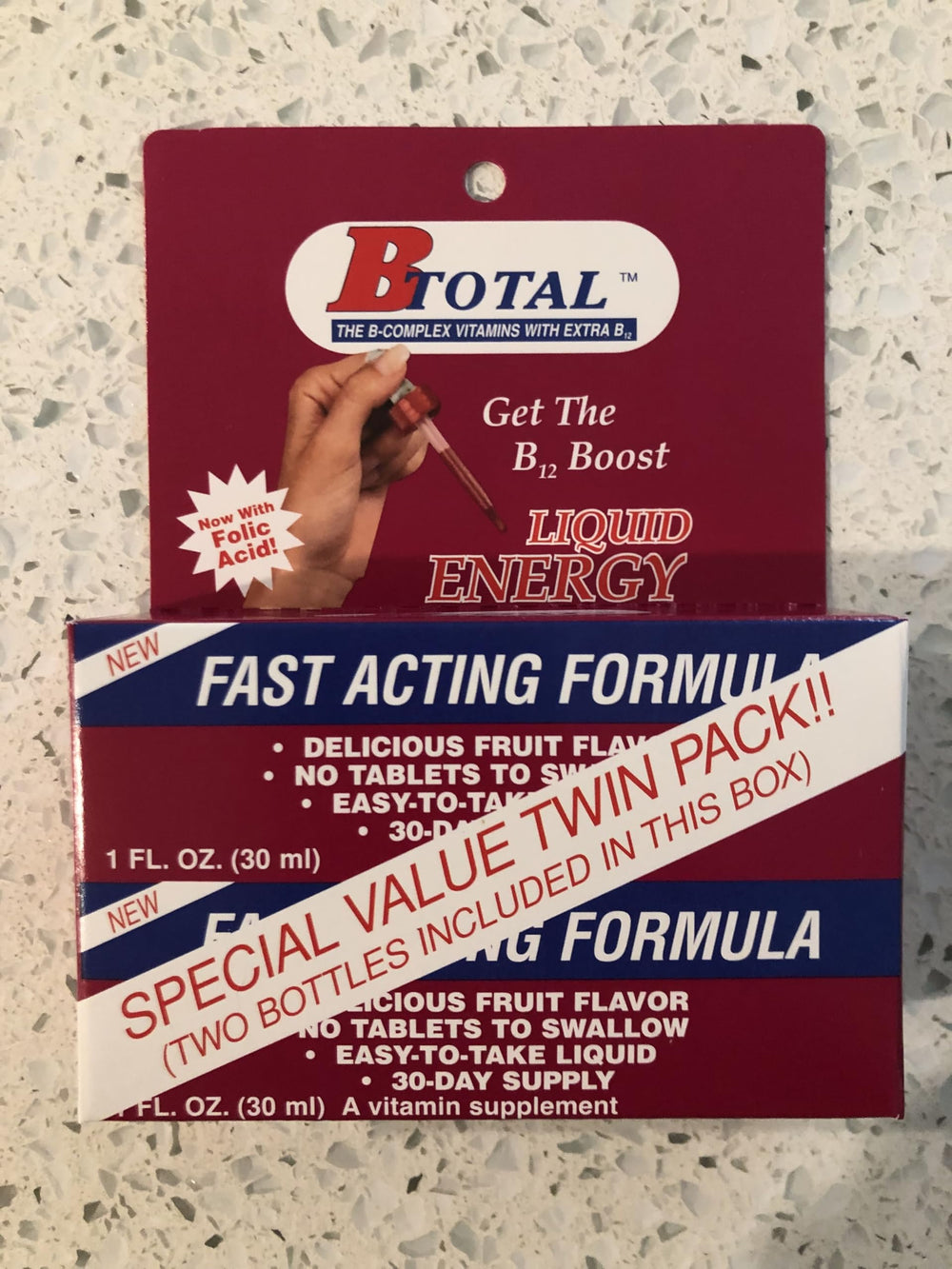 The B Total Solution nutrition label highlights ingredients and amounts.