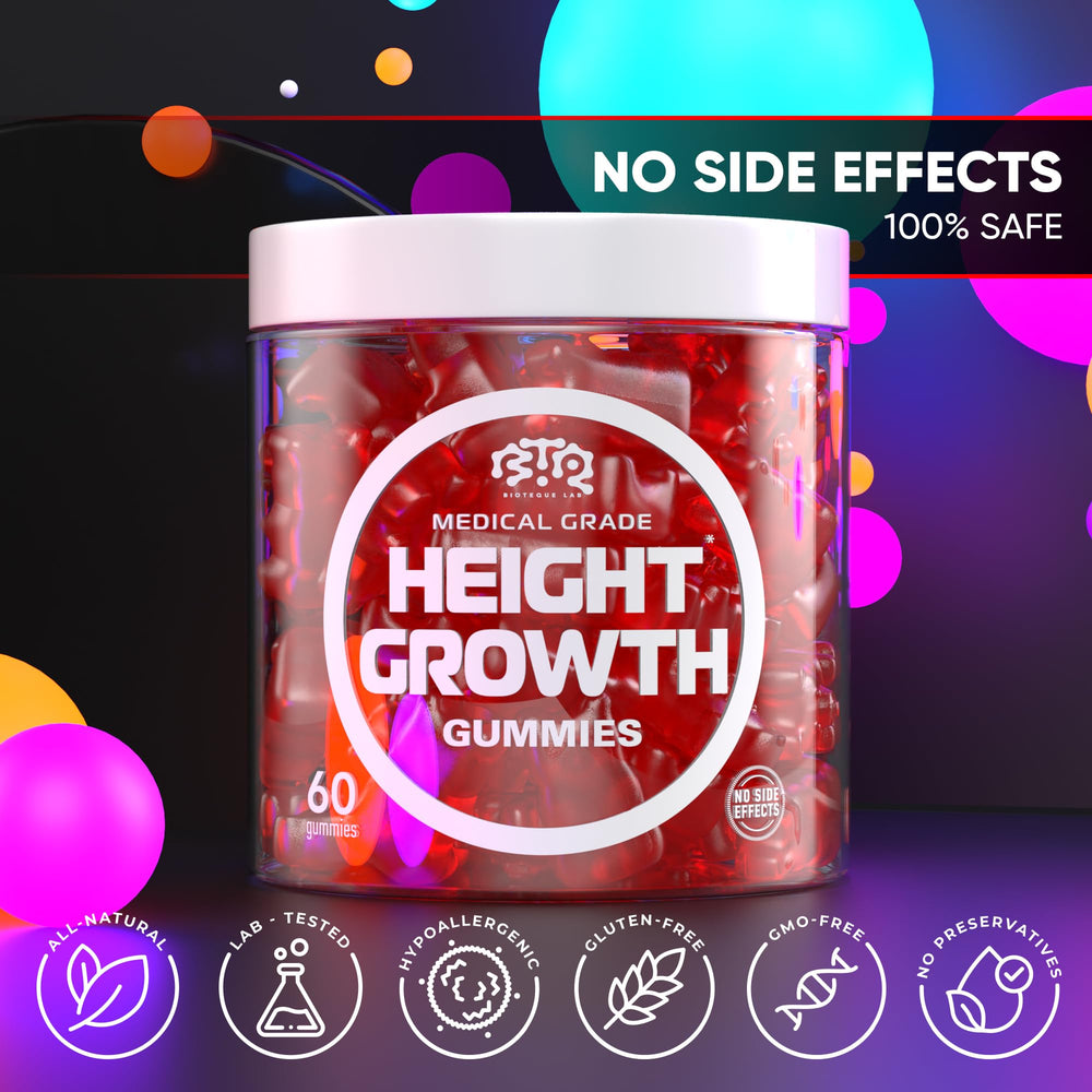 BTQ Biotequelab height growth bottle label close-up showing ingredients and quality controls.
