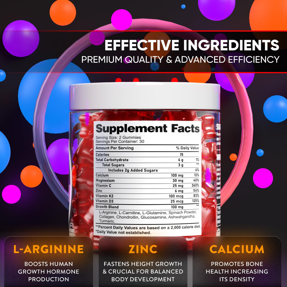 BTQ Biotequelab height growth formula featuring calcium, magnesium, and zinc for bone health.