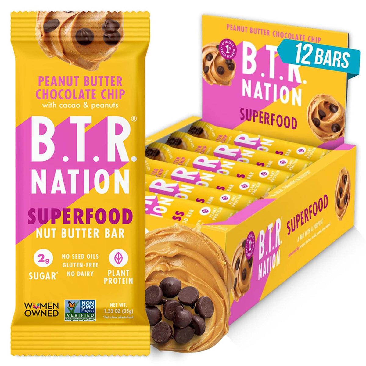 B.T.R. Nation peanut butter chocolate chip bliss bar, protein-packed keto snack.