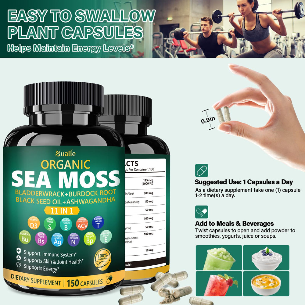 Bualle 11-in-1 Sea Moss Formula image showing diverse ingredients in one capsule