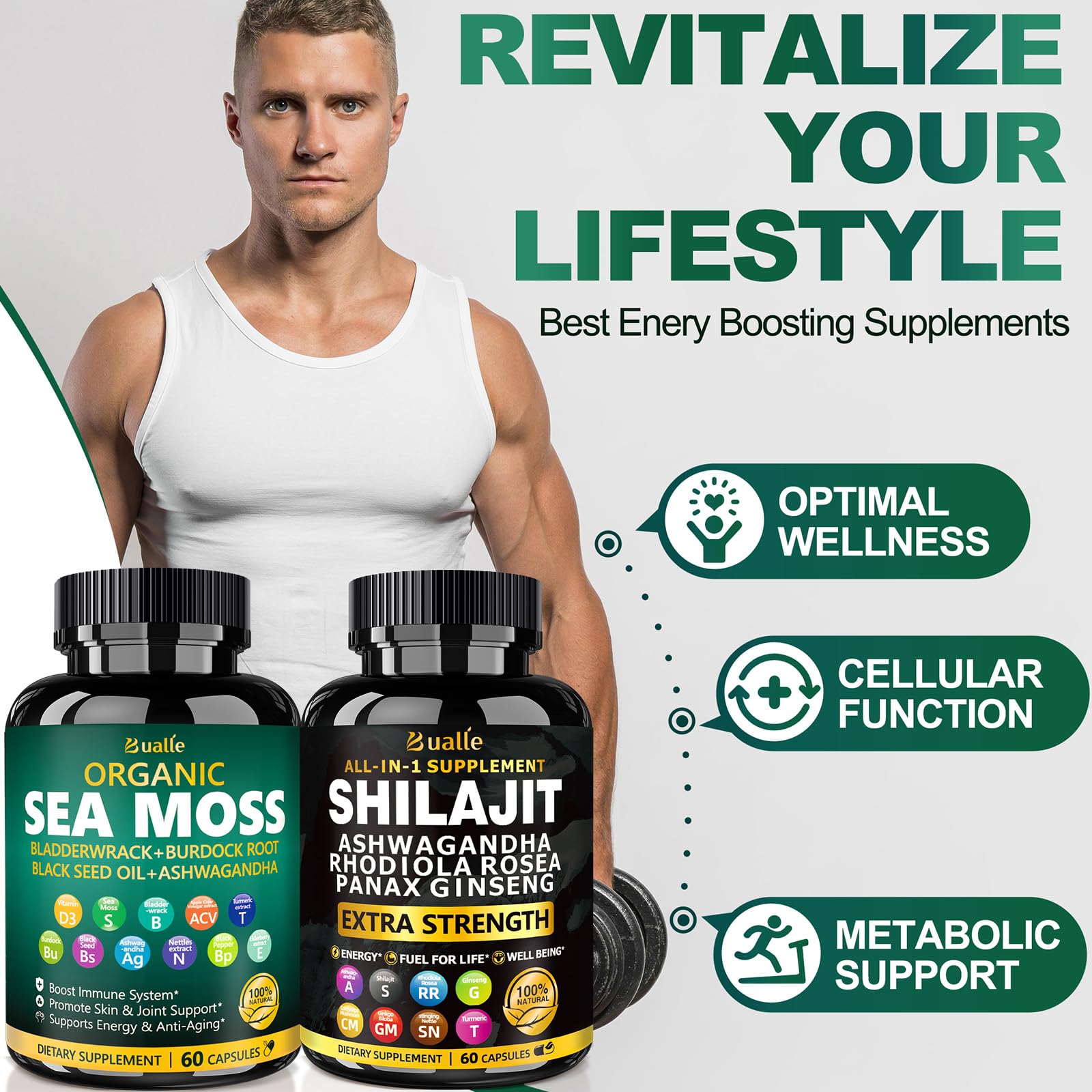 Bualle Ashwagandha capsules displaying calming adaptogens for stress resilience.