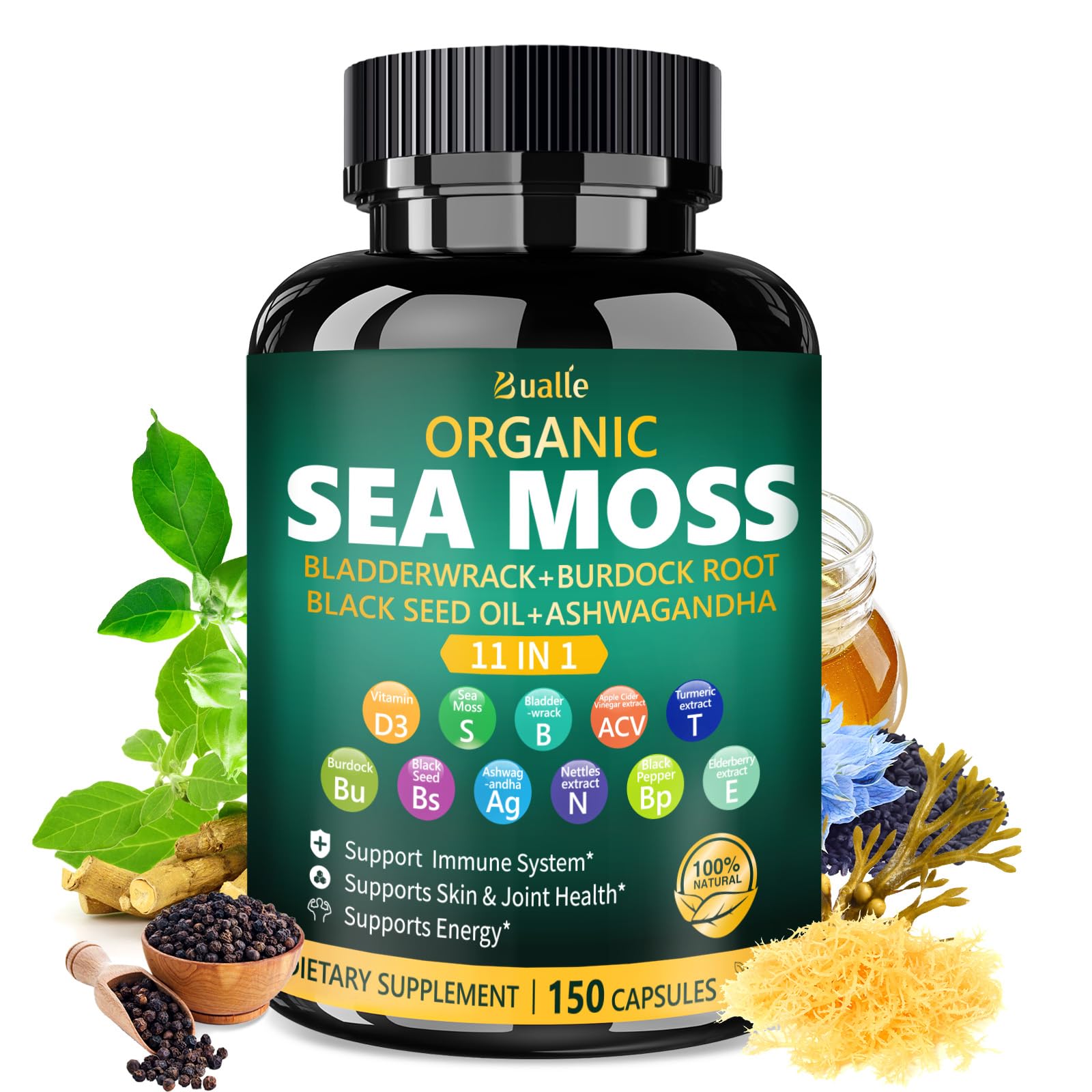 Bualle Irish Sea Moss Capsules bottle shown for daily wellness in a convenient form