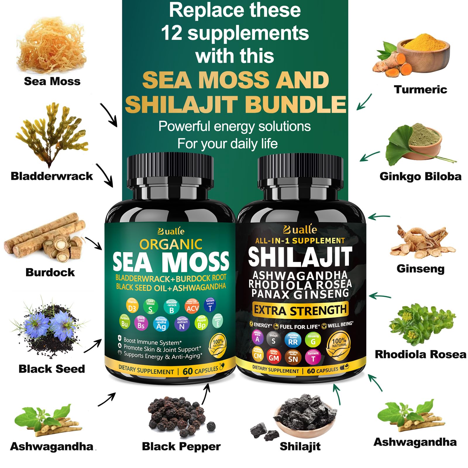 Close-up of Bualle Sea Moss capsules highlighting natural minerals for balanced nutrition.