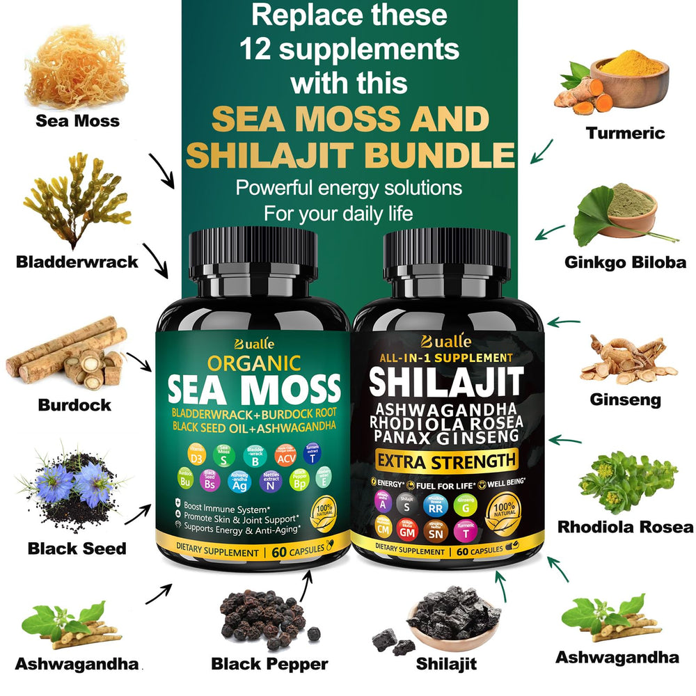 Close-up of Bualle Sea Moss capsules highlighting natural minerals for balanced nutrition.