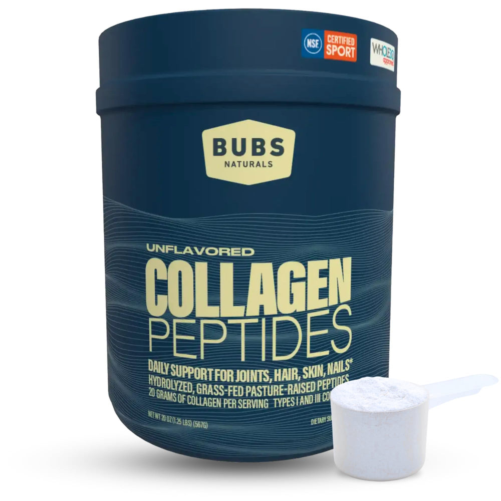 BUBS Naturals collagen peptides powder bottle showing grass-fed source for lean muscle support.