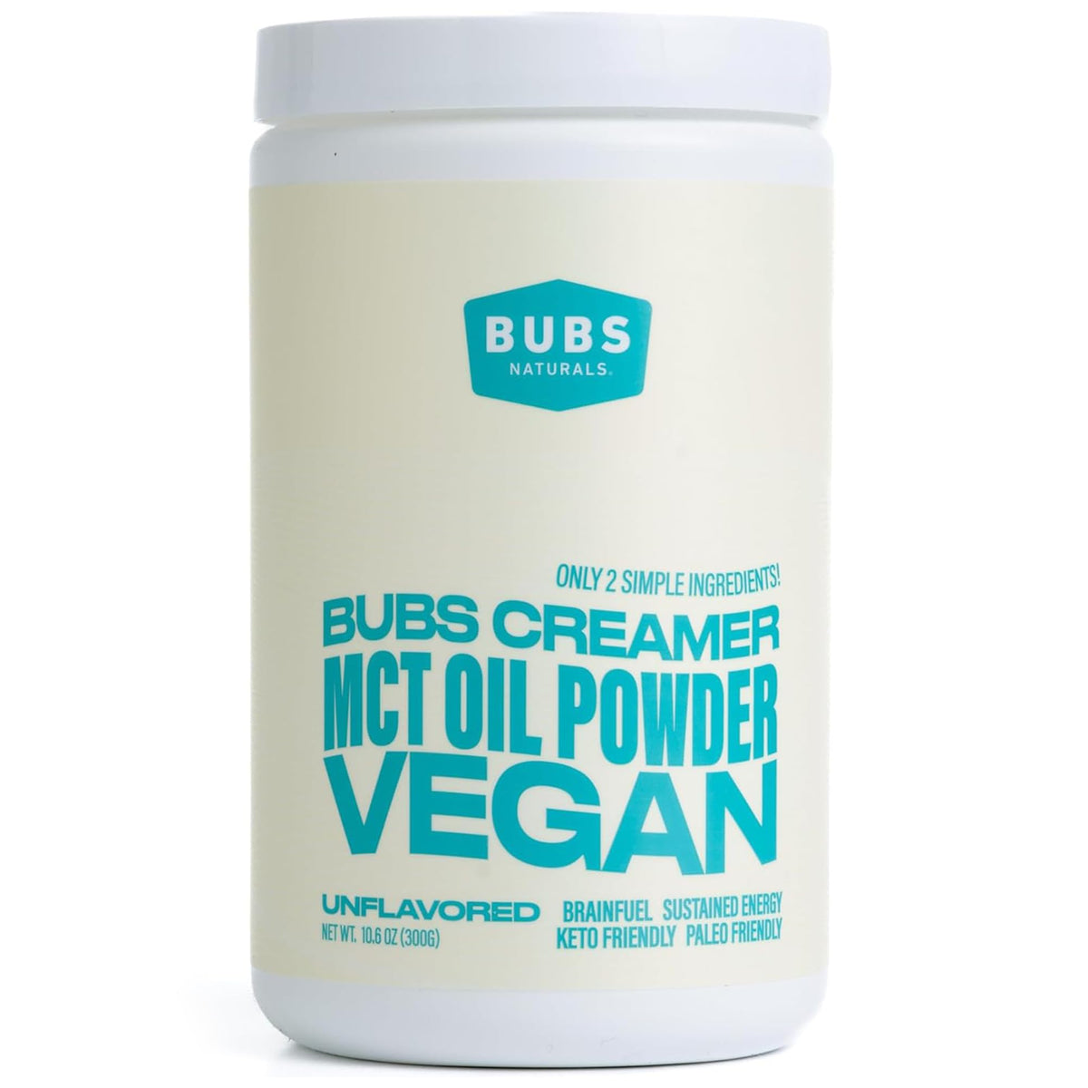BUBS Naturals MCT Oil Powder bottle front for quick, clean energy.
