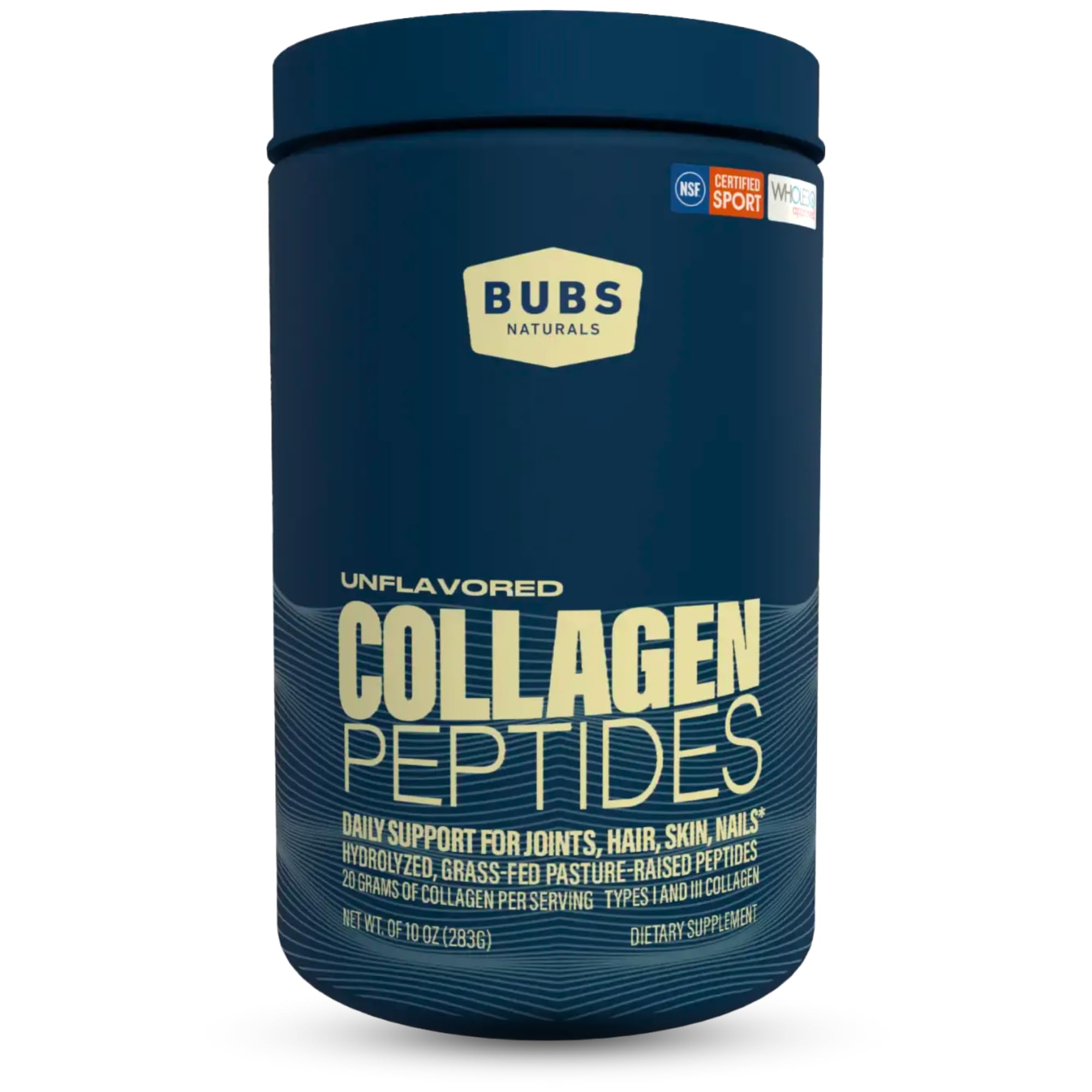 BUBS Naturals unflavored collagen bottle shown for versatile daily mixing.