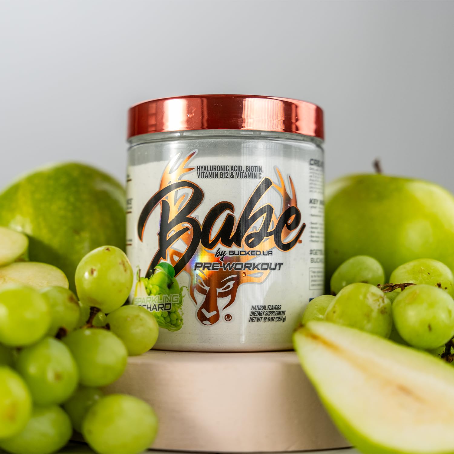Bucked Up Babe Pre-Workout bottle highlights hyaluronic acid and biotin for glow