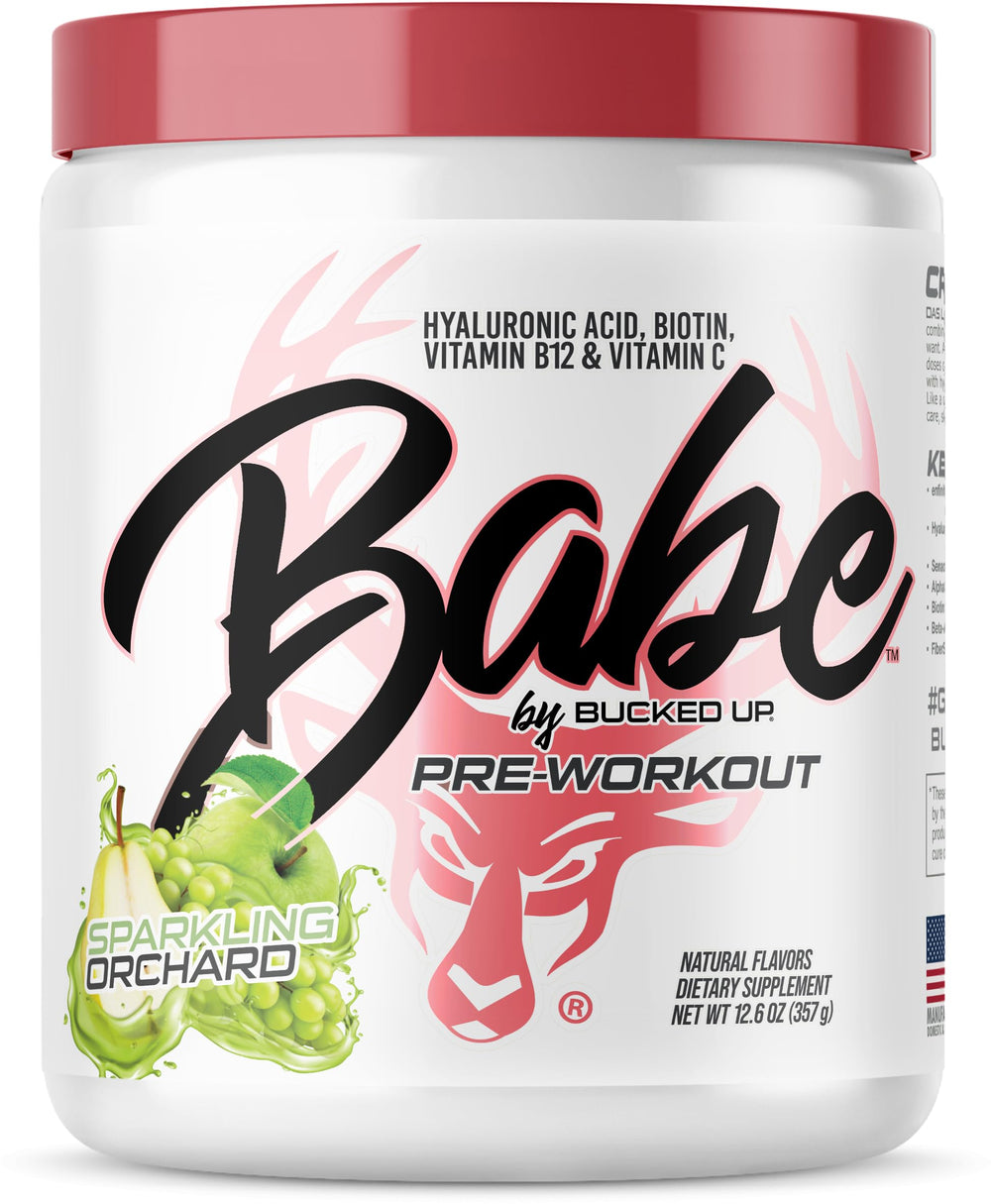 Bucked Up Babe Pre-Workout Sparkling Orchard label highlighting premium ingredients for a refreshing session