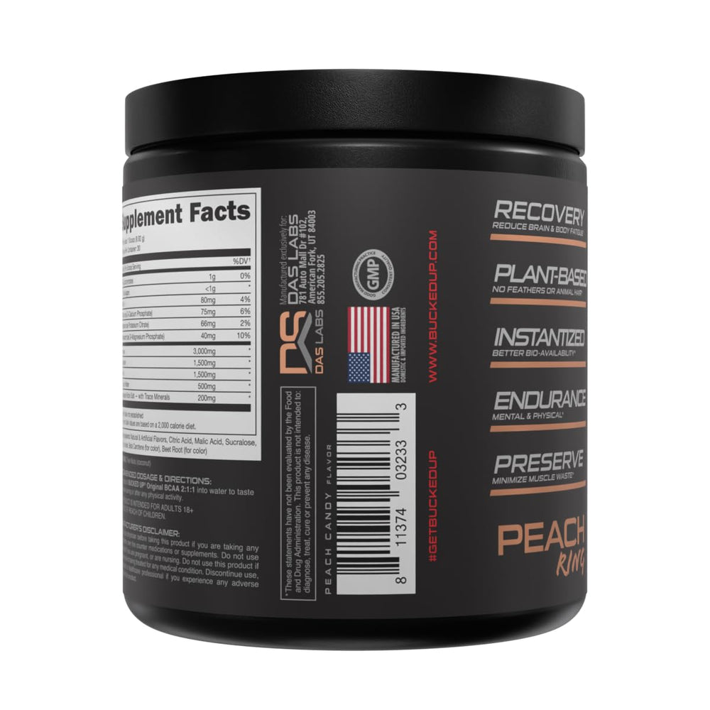 Close-up Bucked Up BCAA Apple Jacked label and serving