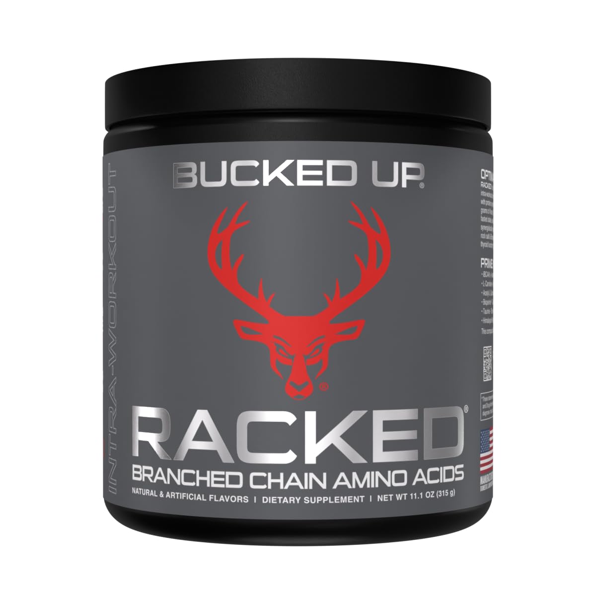 Bucked Up BCAA RACKED Blood Raz tub highlights post-workout recovery and lean muscle support.