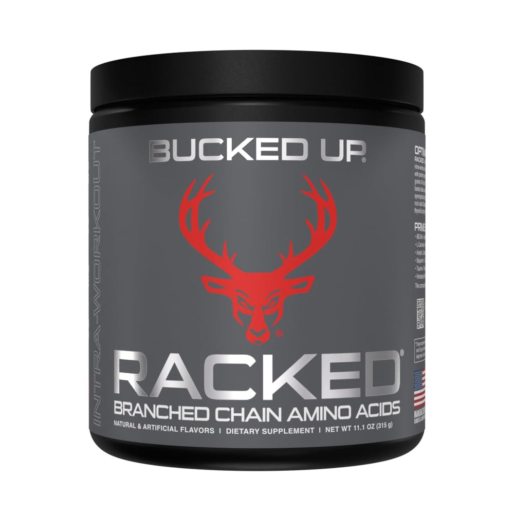 Bucked Up BCAA RACKED Blood Raz tub highlights post-workout recovery and lean muscle support.
