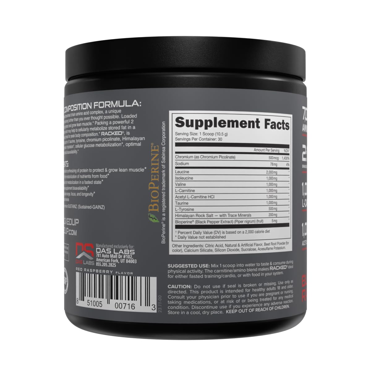 Bucked Up BCAA RACKED flavor label emphasizes plant-based sourcing and smooth taste.