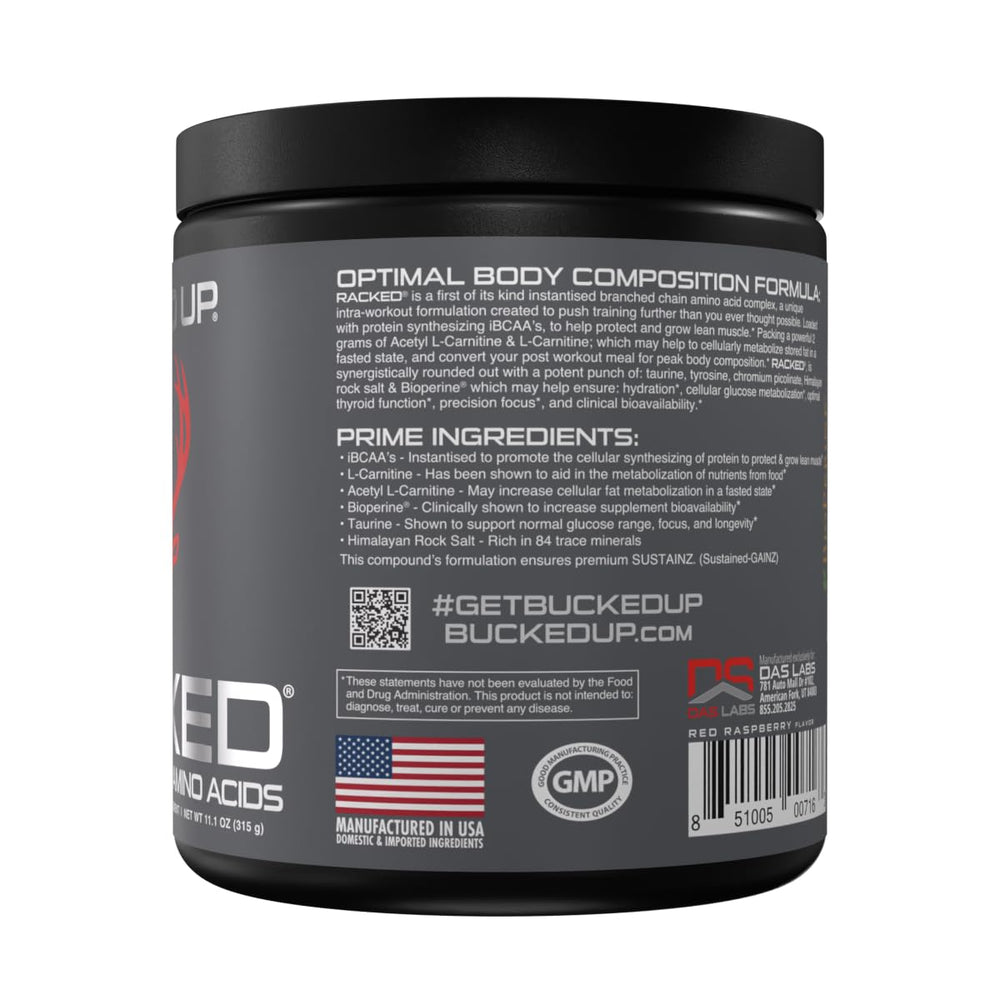 Bucked Up BCAA RACKED mixing glass shows an easy shake for post-workout hydration.