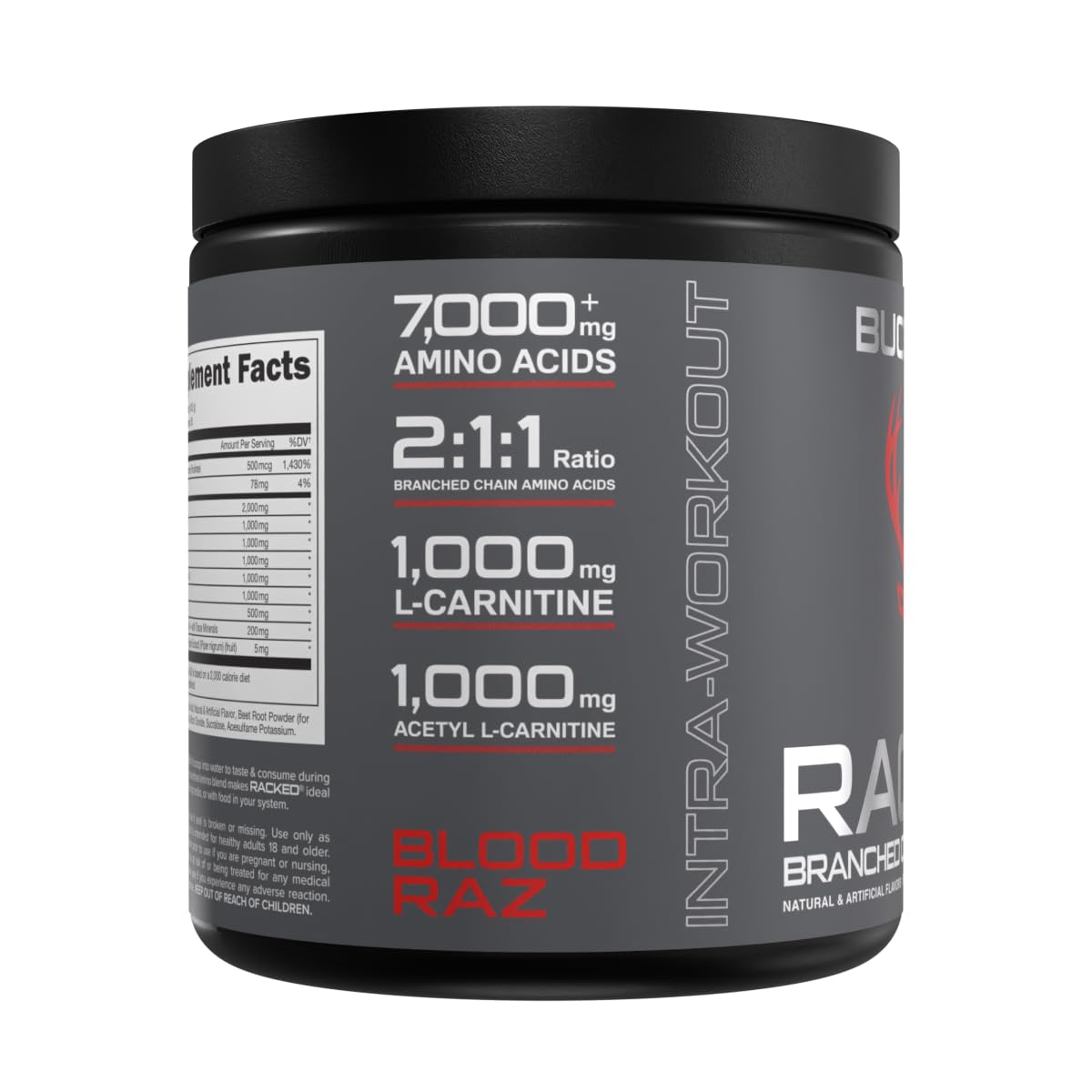 Bucked Up BCAA RACKED nutrition panel notes Acetyl L-Carnitine and L-Carnitine benefits.