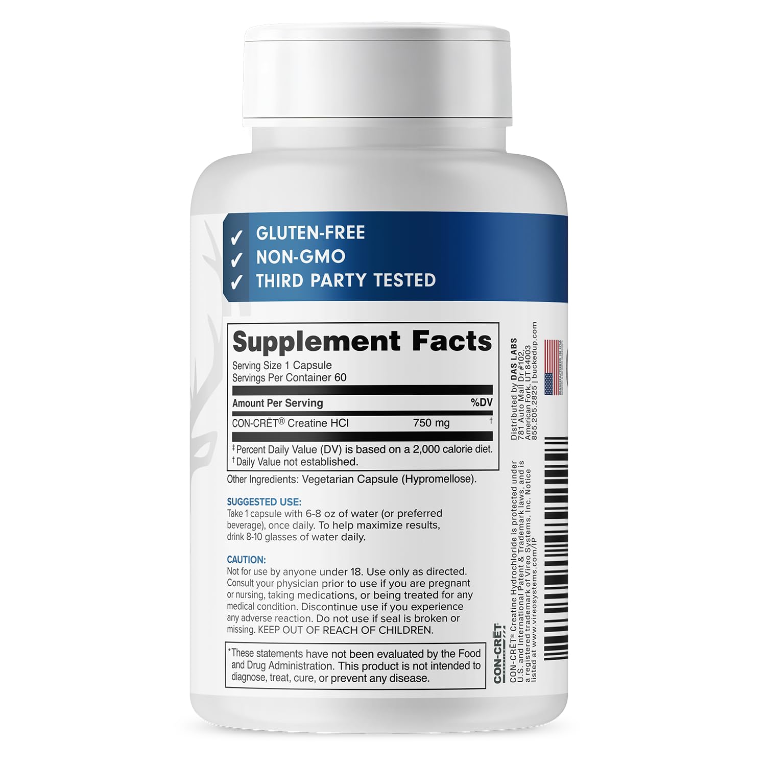 Packaging highlighting USA manufacturing and GMP compliance for Bucked Up Creatine HCl.
