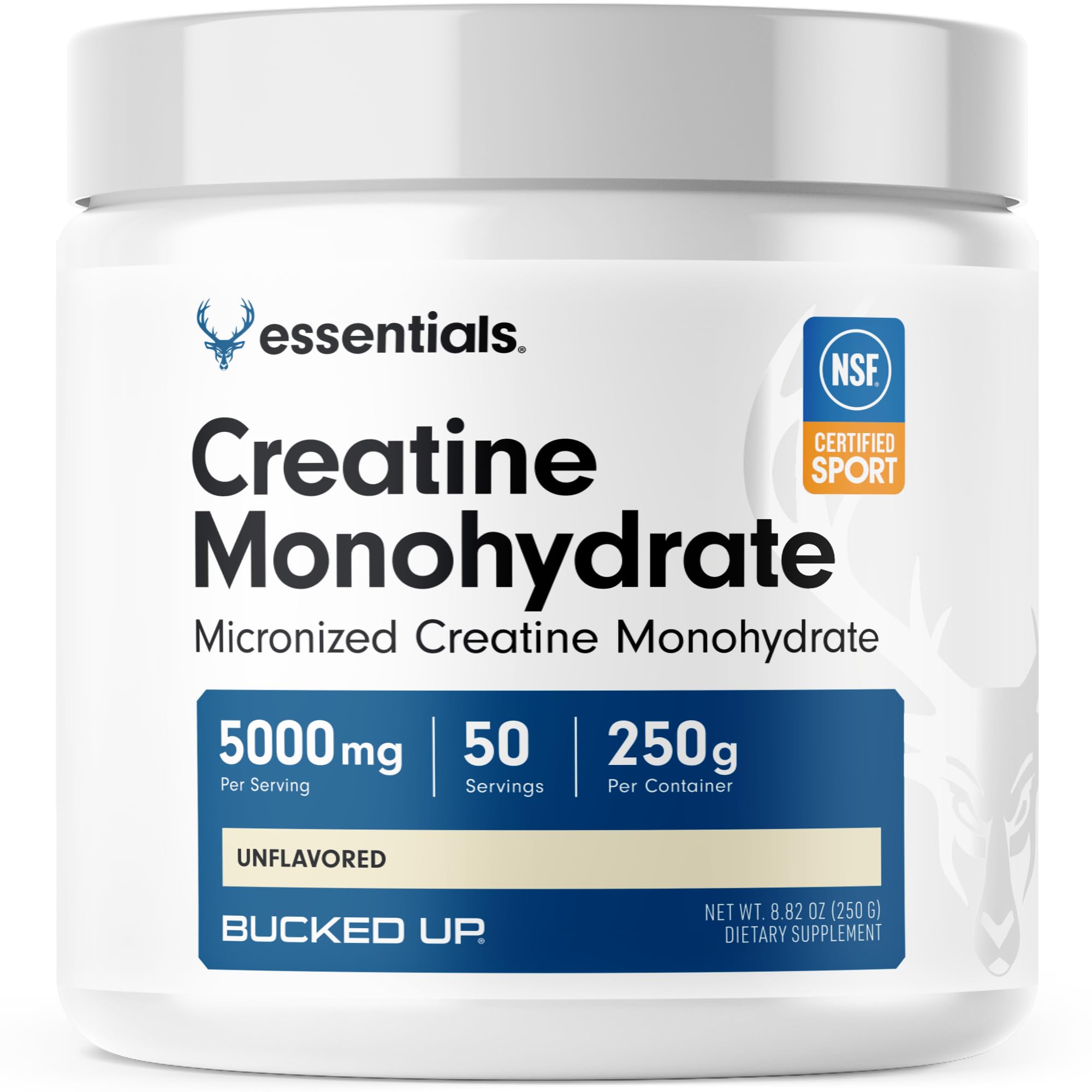 Bucked Up creatine micronized powder bottle for workouts, illustrating premium, easily absorbed support.