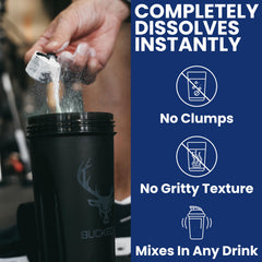 Bucked Up Essentials bottle highlights Gluten-Free and Non-GMO integrity.