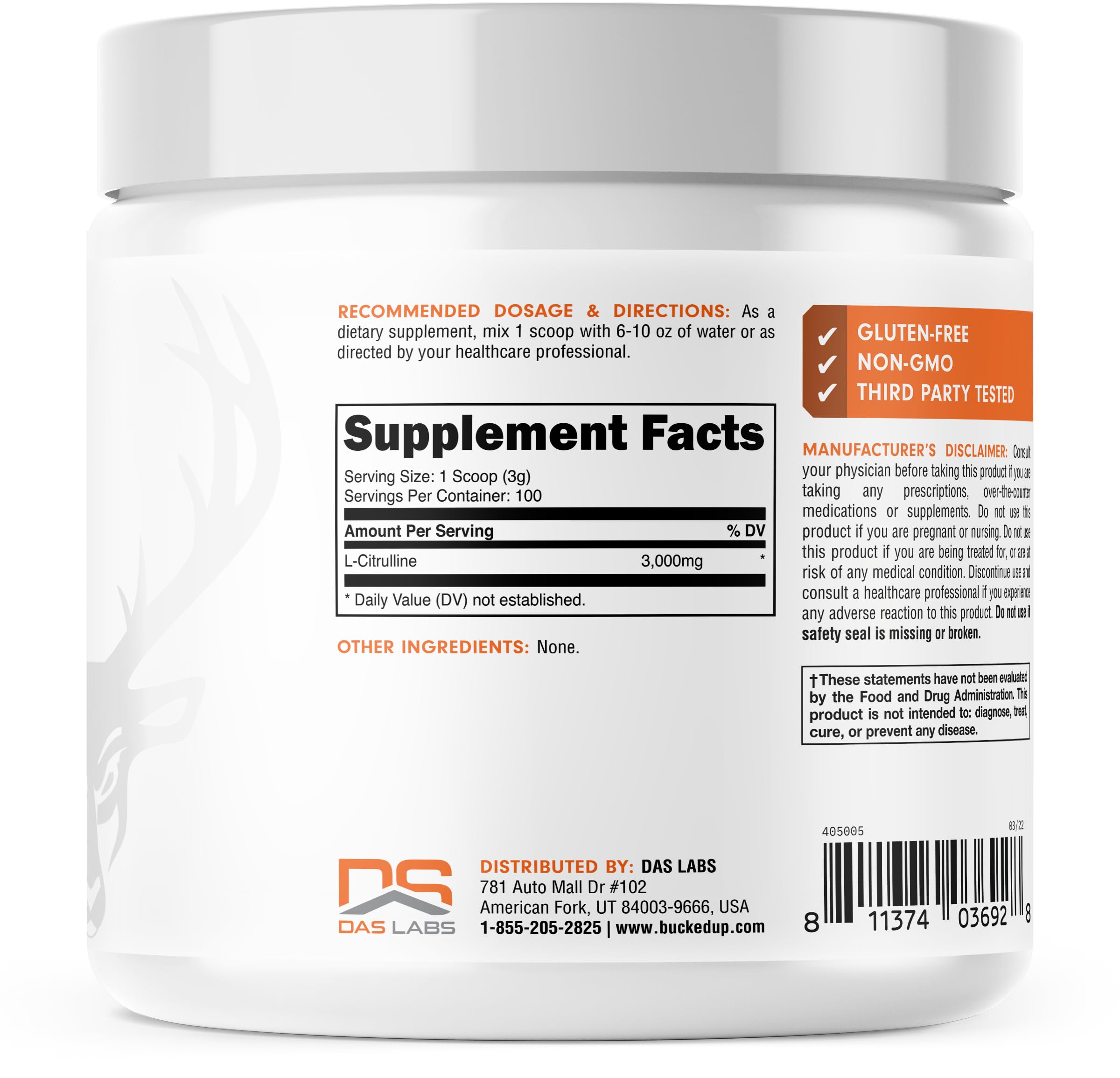 Bucked Up Essentials L-Citrulline jar closeup with secure lid.