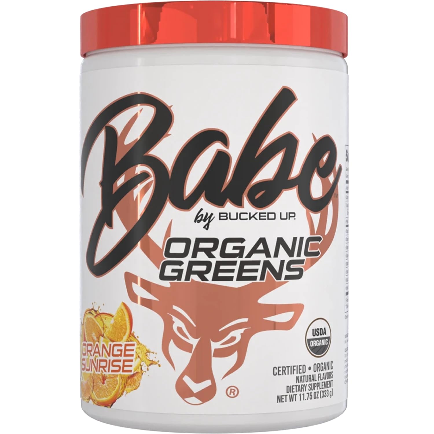 Bucked Up Greens Orange Sunrise front label showing organic greens blend for daily use