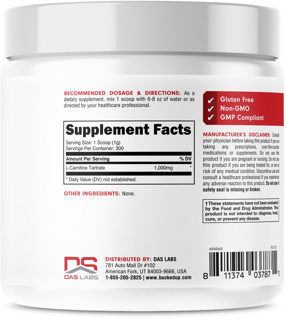 Bucked Up L-Carnitine Tartrate powder with a scoop for precise serving.