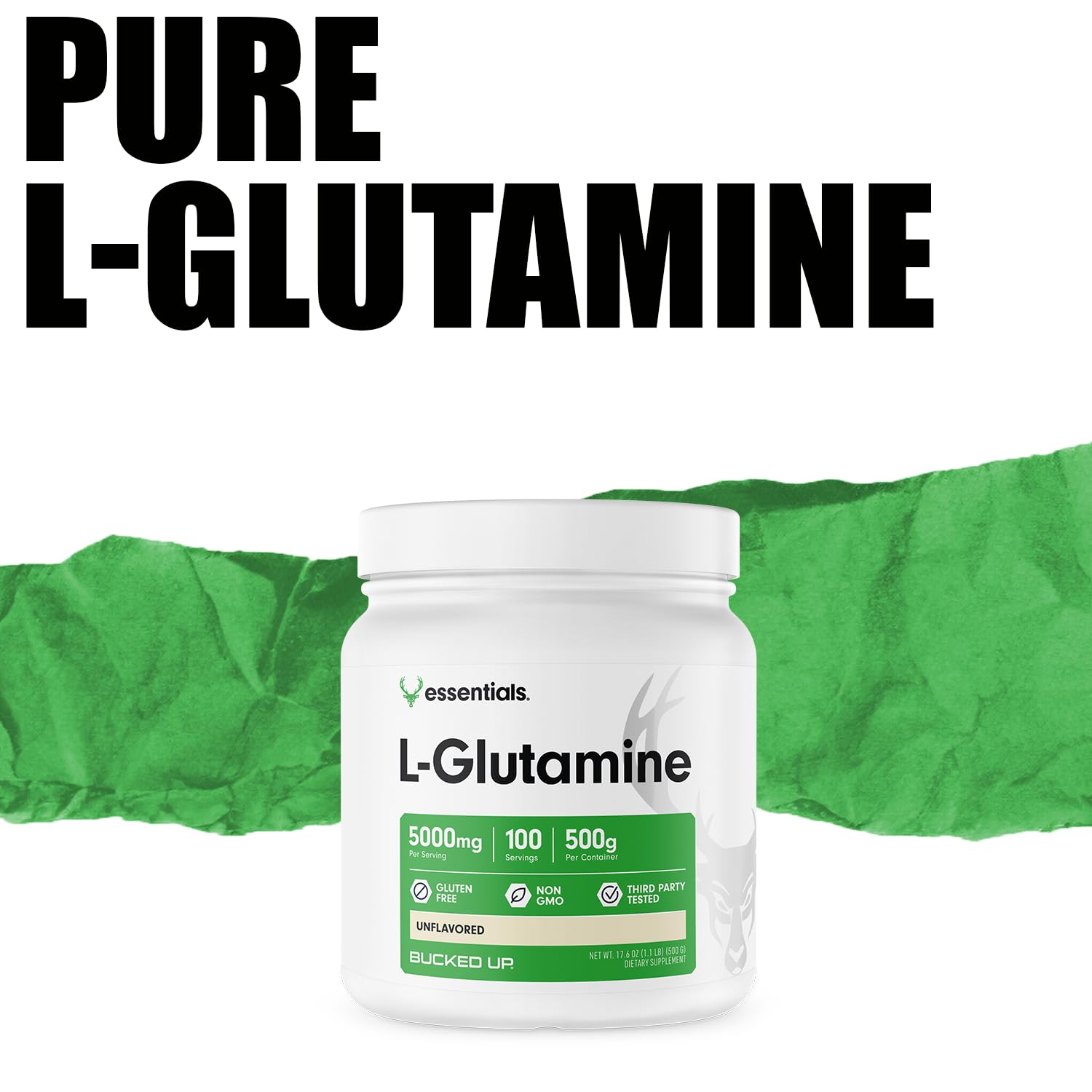 Bucked Up L-Glutamine 500g label shows gluten-free and non-GMO benefits.