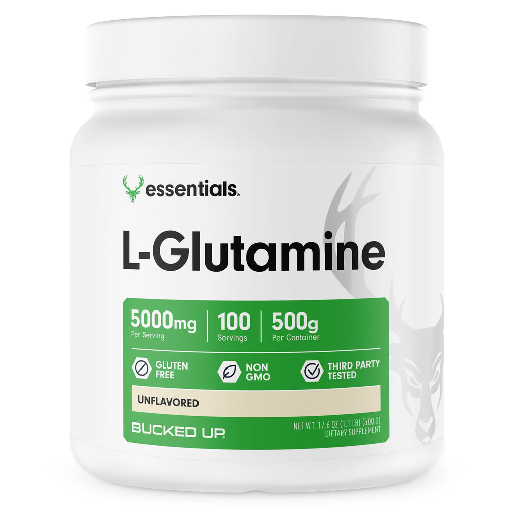 Bucked Up L-Glutamine 500g unflavored container, easy to mix into beverages.