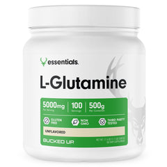 Bucked Up L-Glutamine 500g unflavored container, easy to mix into beverages.