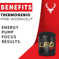 Bucked Up LFG Pre Workout Berry label close-up highlighting flavor and ingredients.