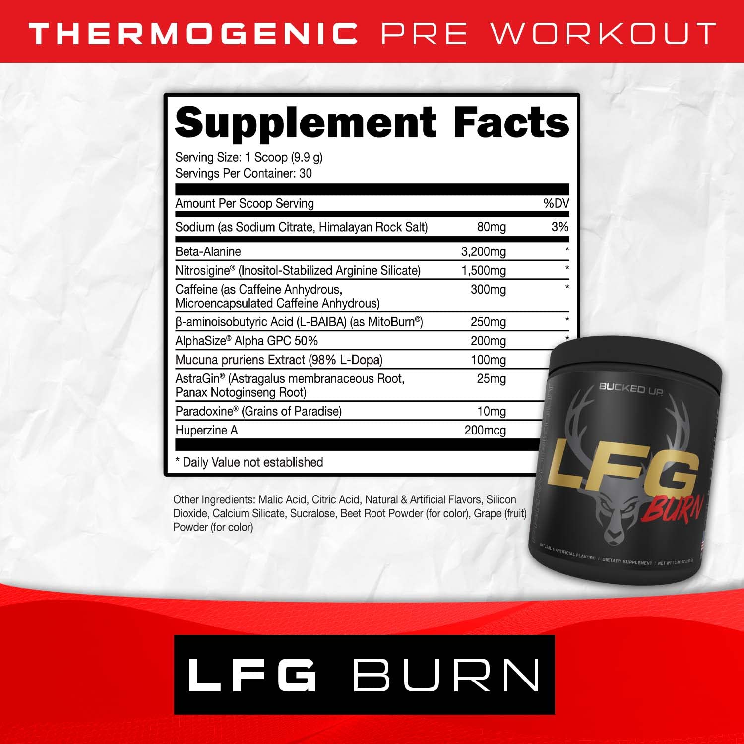 Bucked Up LFG Pre Workout tropical scoop with canister for precise workout servings