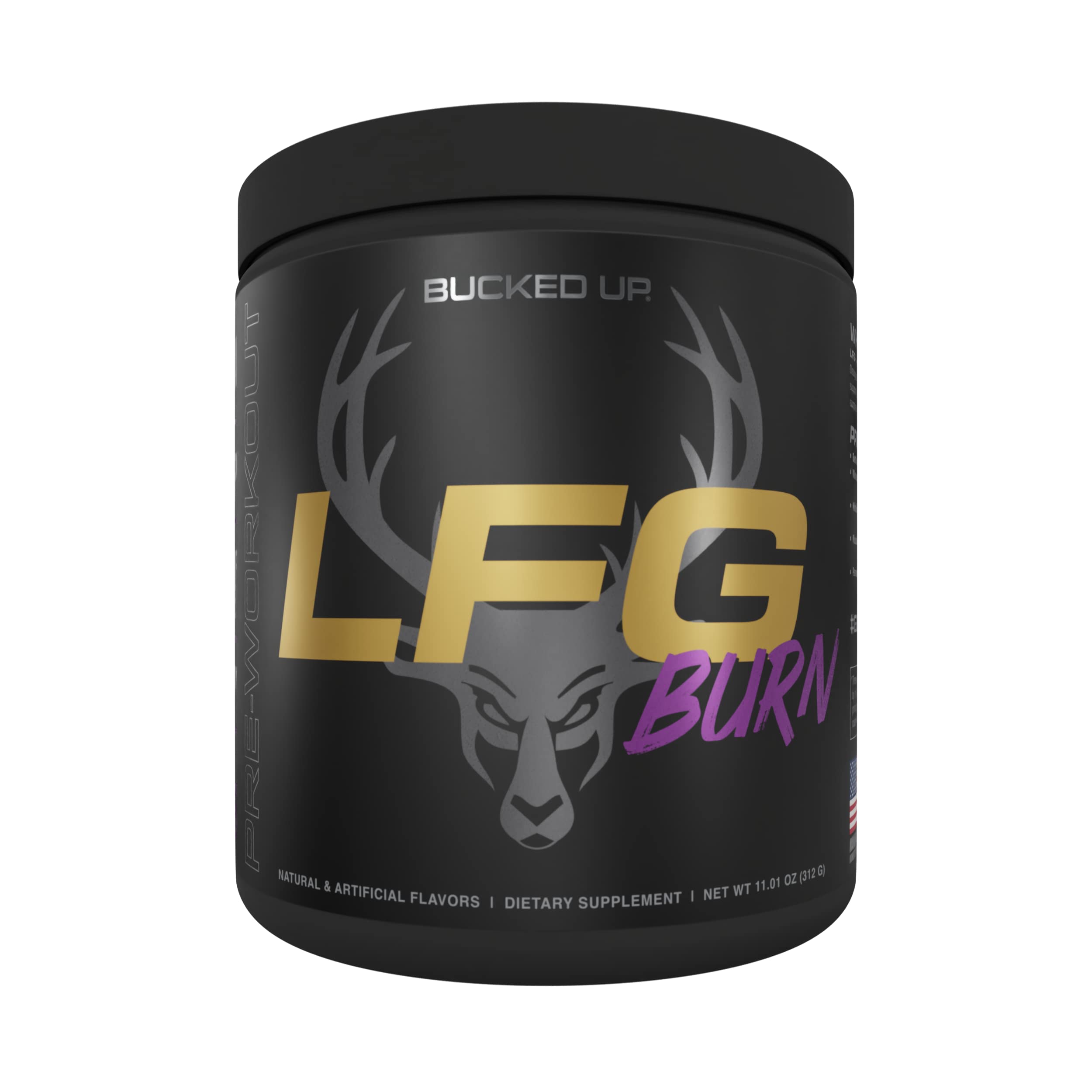 Bucked Up LFG pre-workout tub in Razzle Dazzle flavor fuels energy and focus.
