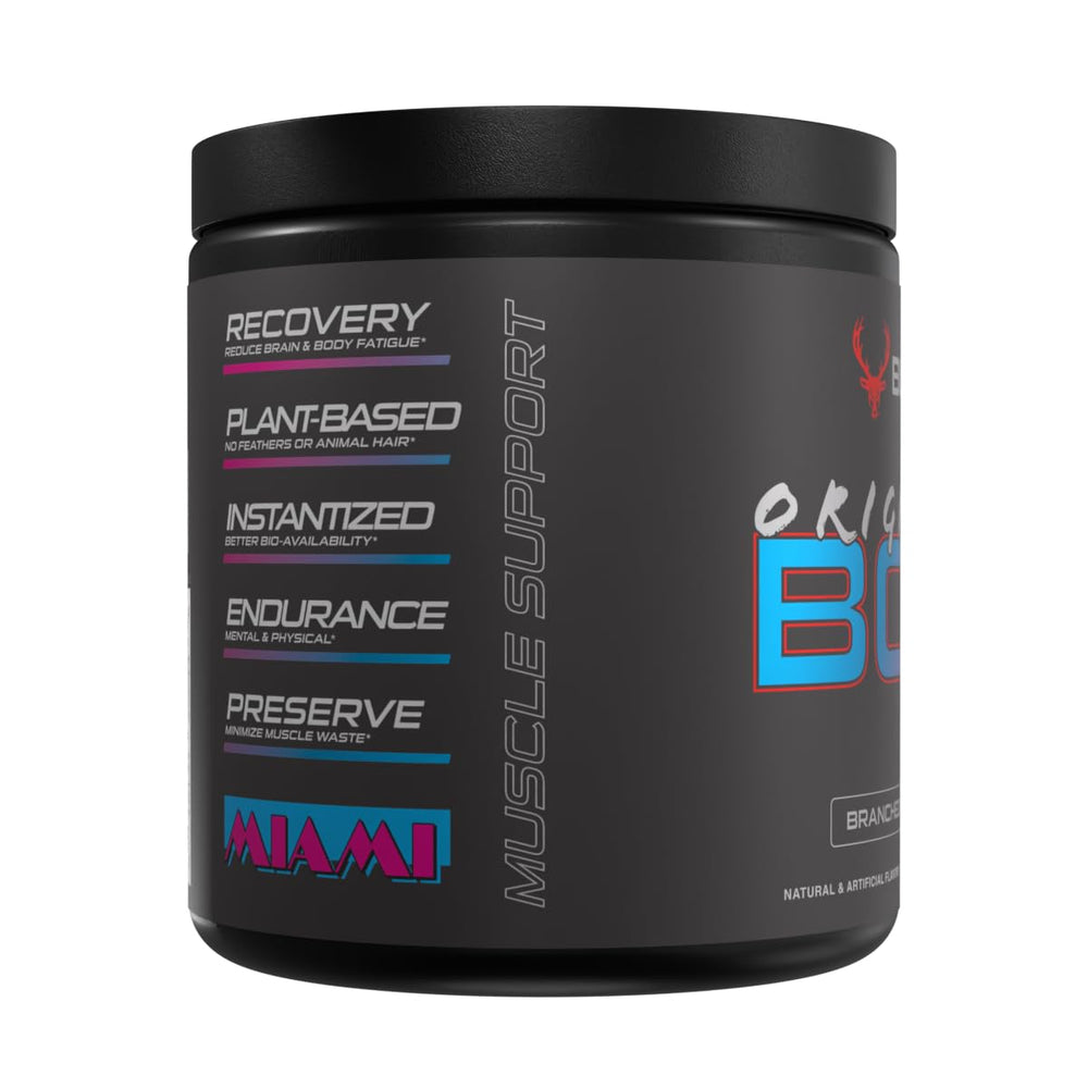 Bucked Up Original BCAA ingredients label highlighting purity and testing.