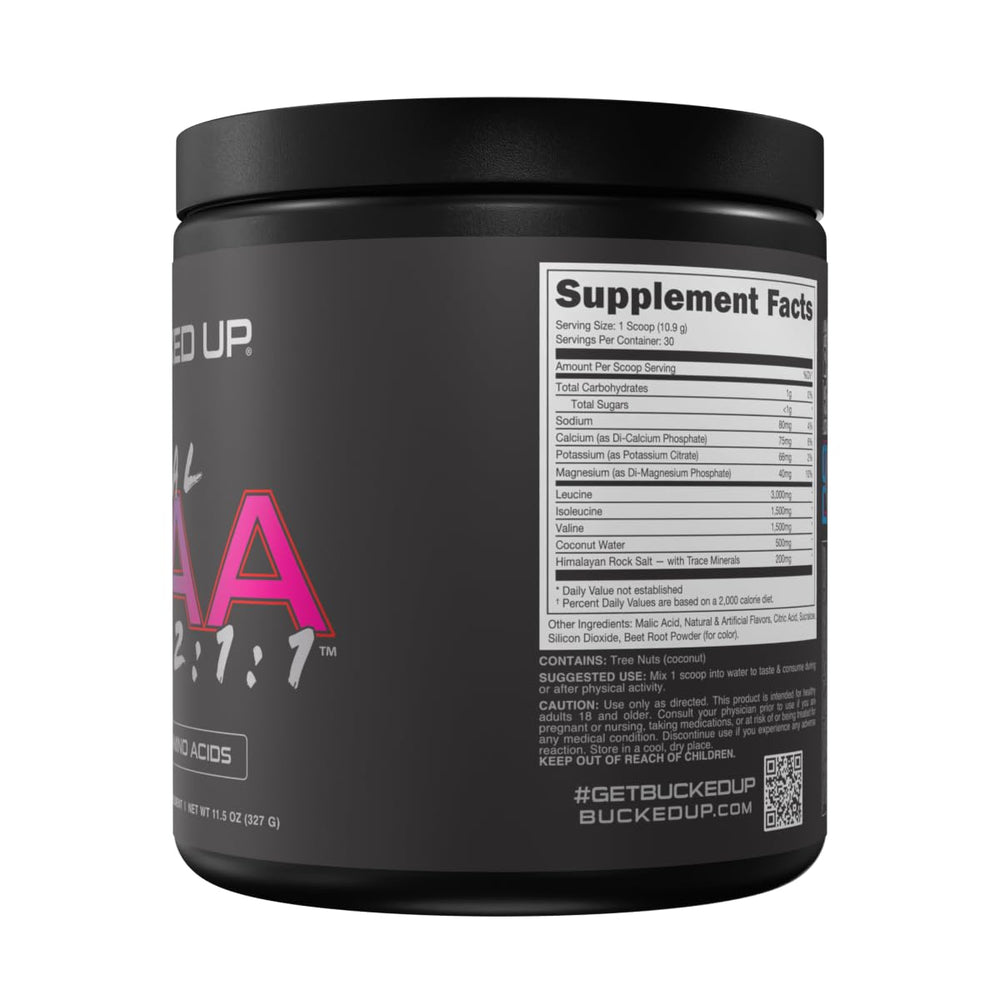 Bucked Up Original BCAA Miami powder being poured for mixing.