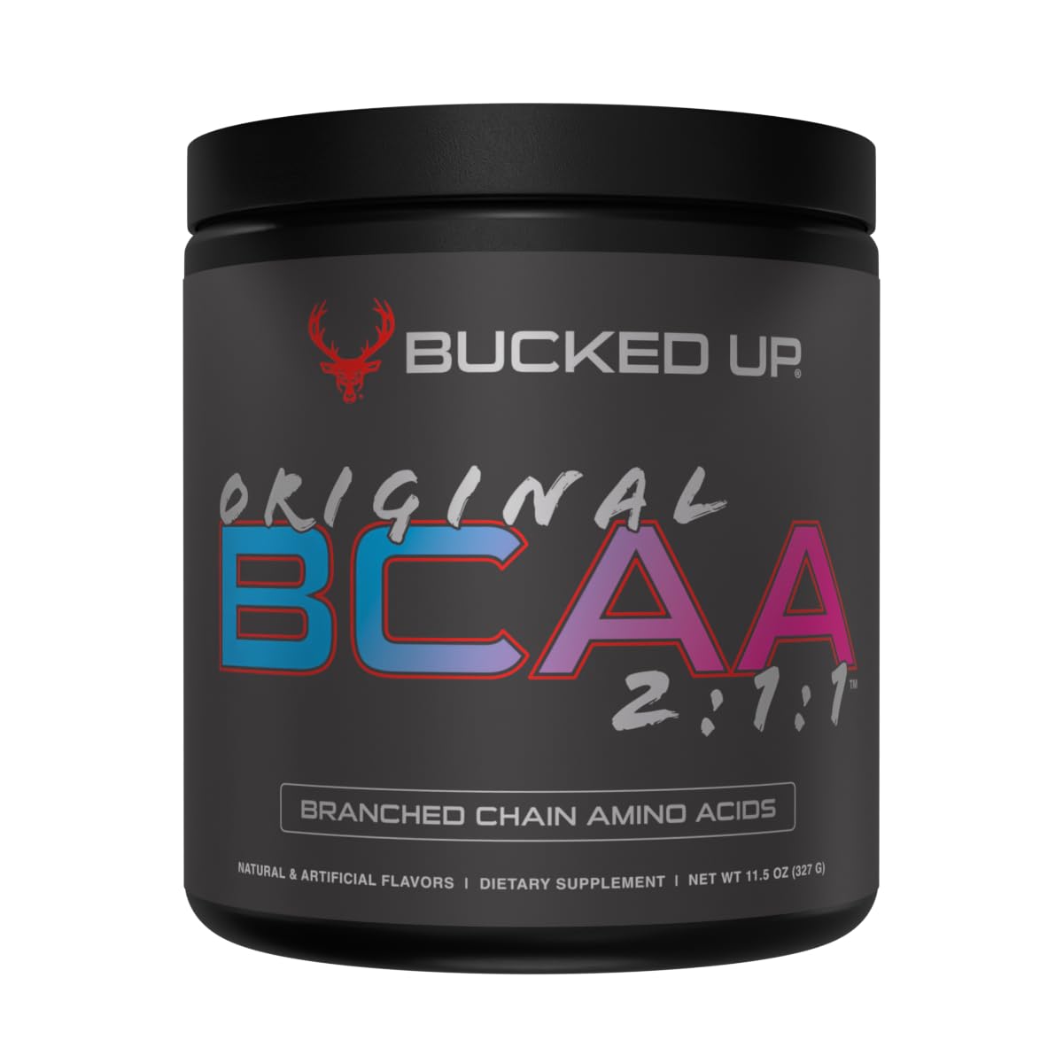 Bucked Up Original BCAA Miami flavor tub front view showing the product packaging.