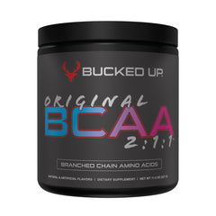 Bucked Up Original BCAA Miami flavor tub front view showing the product packaging.