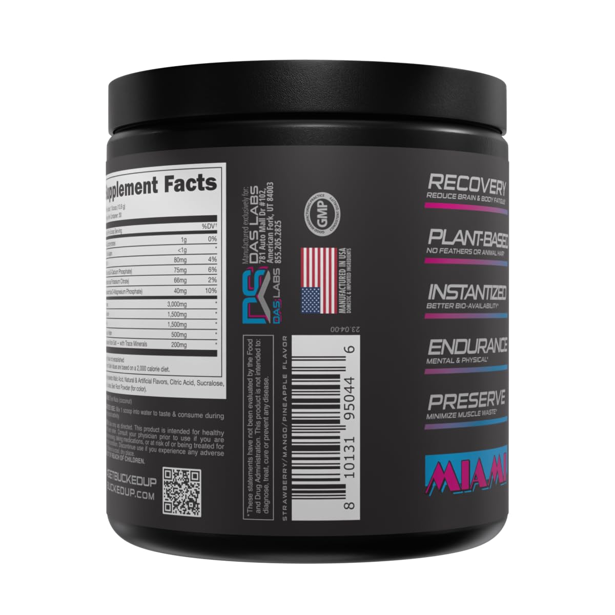 Bucked Up Original BCAA tub back showcasing servings and flavor details.