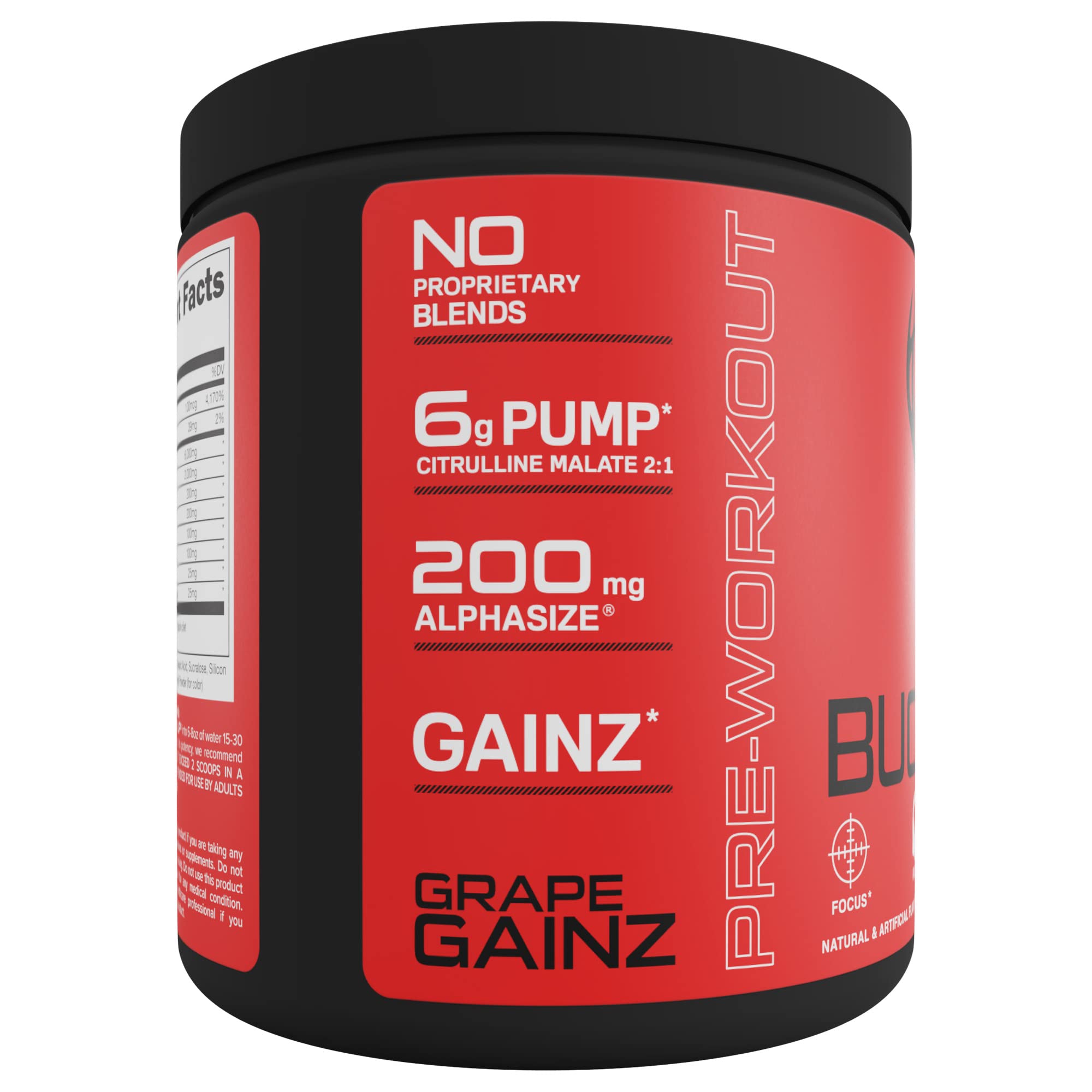 Bucked Up pre workout grape ingredient label close-up with key compounds