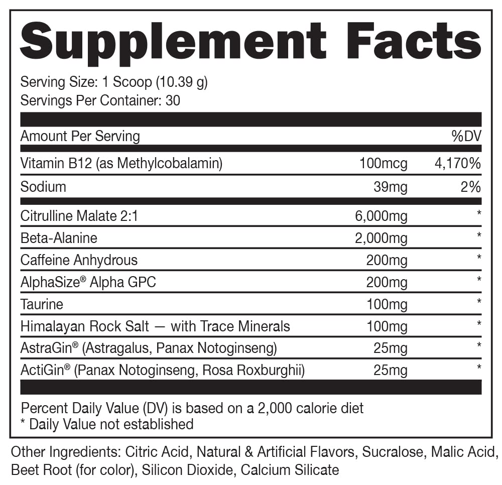Bucked Up Red Raz tub with clear ingredients and nutrition panel.