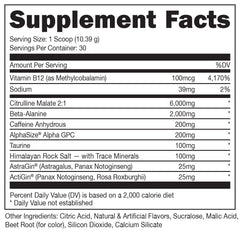 Bucked Up Red Raz tub with clear ingredients and nutrition panel.
