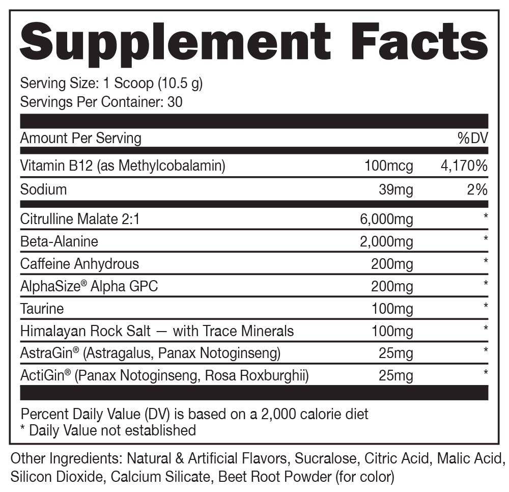 Bucked Up Watermelon scoop beside the powder jar highlights citrulline and beta-alanine formula.