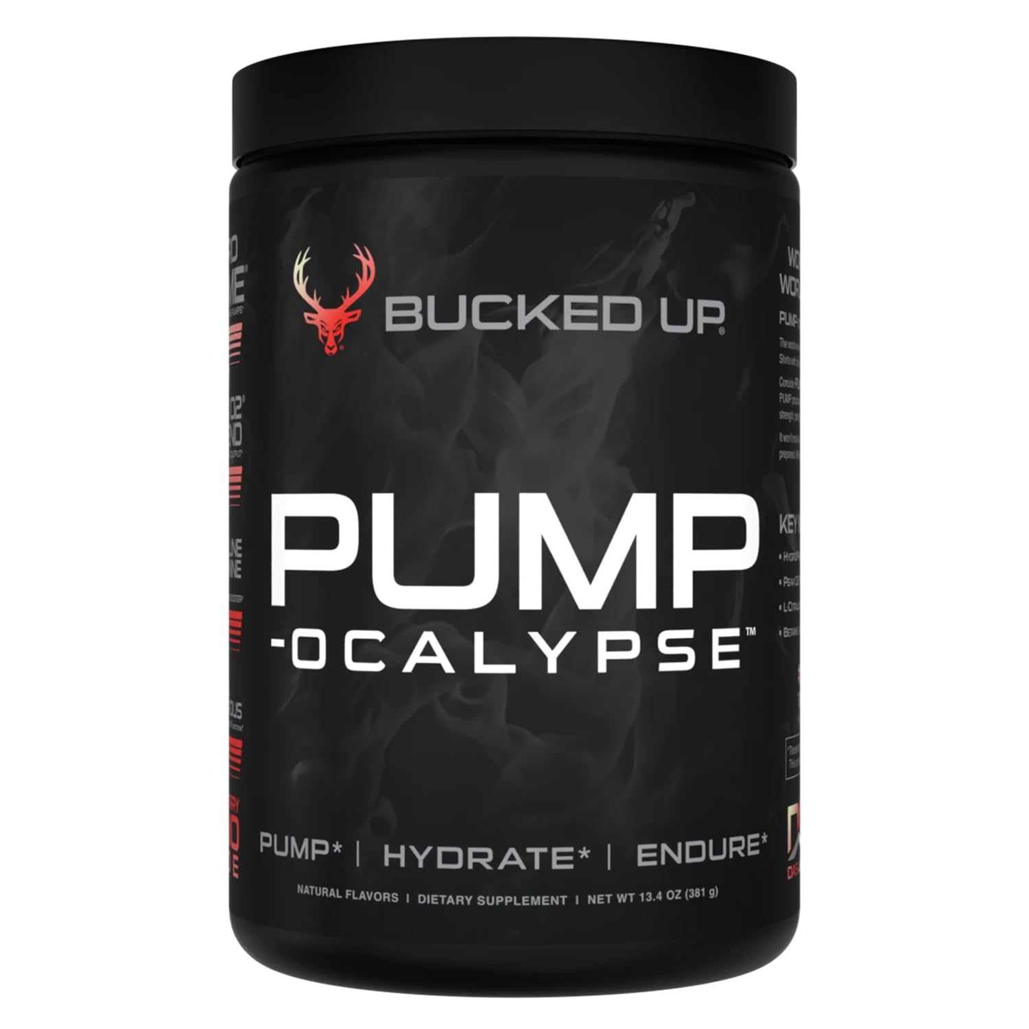 Bucked Up Pump-ocalypse Raspberry Lemonade bottle highlights nitric oxide support for better blood flow.