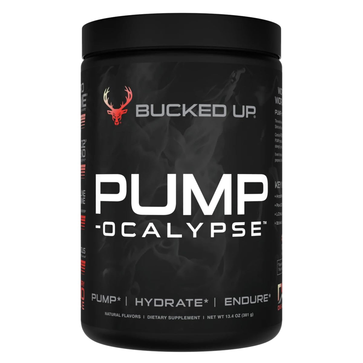 Bucked Up Pump-ocalypse Raspberry Lemonade bottle highlights nitric oxide support for better blood flow.