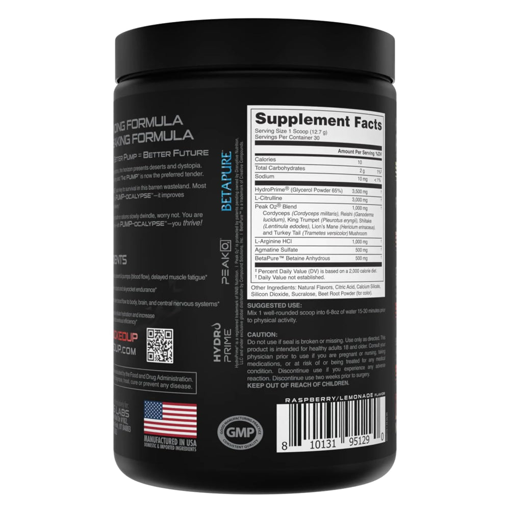 Bucked Up Pump-ocalypse Raspberry Lemonade bottles appear on gym shelf for hydration support.