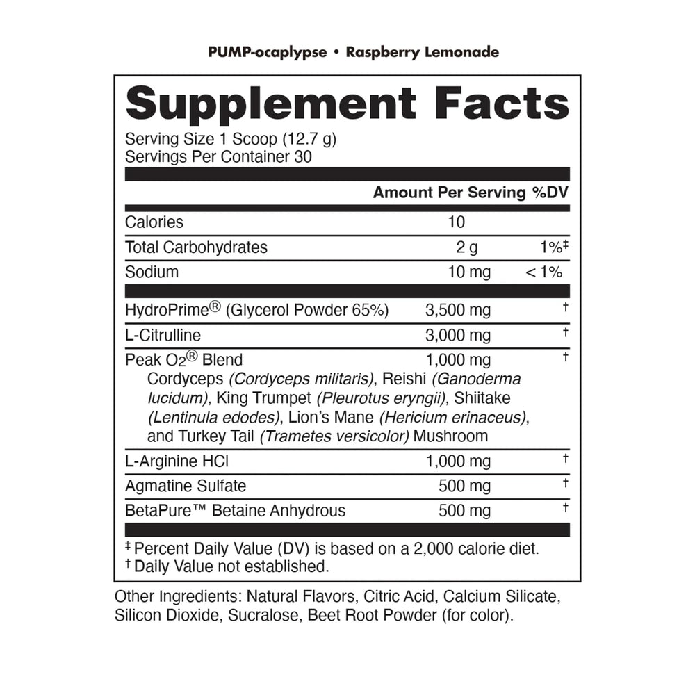 Bucked Up Pump-ocalypse Raspberry Lemonade label showcases potent citrulline and arginine for pumps.