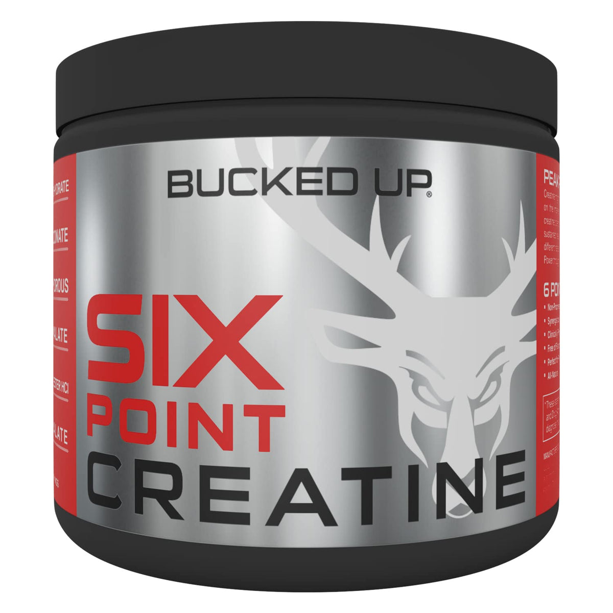 Bucked Up Six Point Creatine bottle front showing six creatine types for workouts.