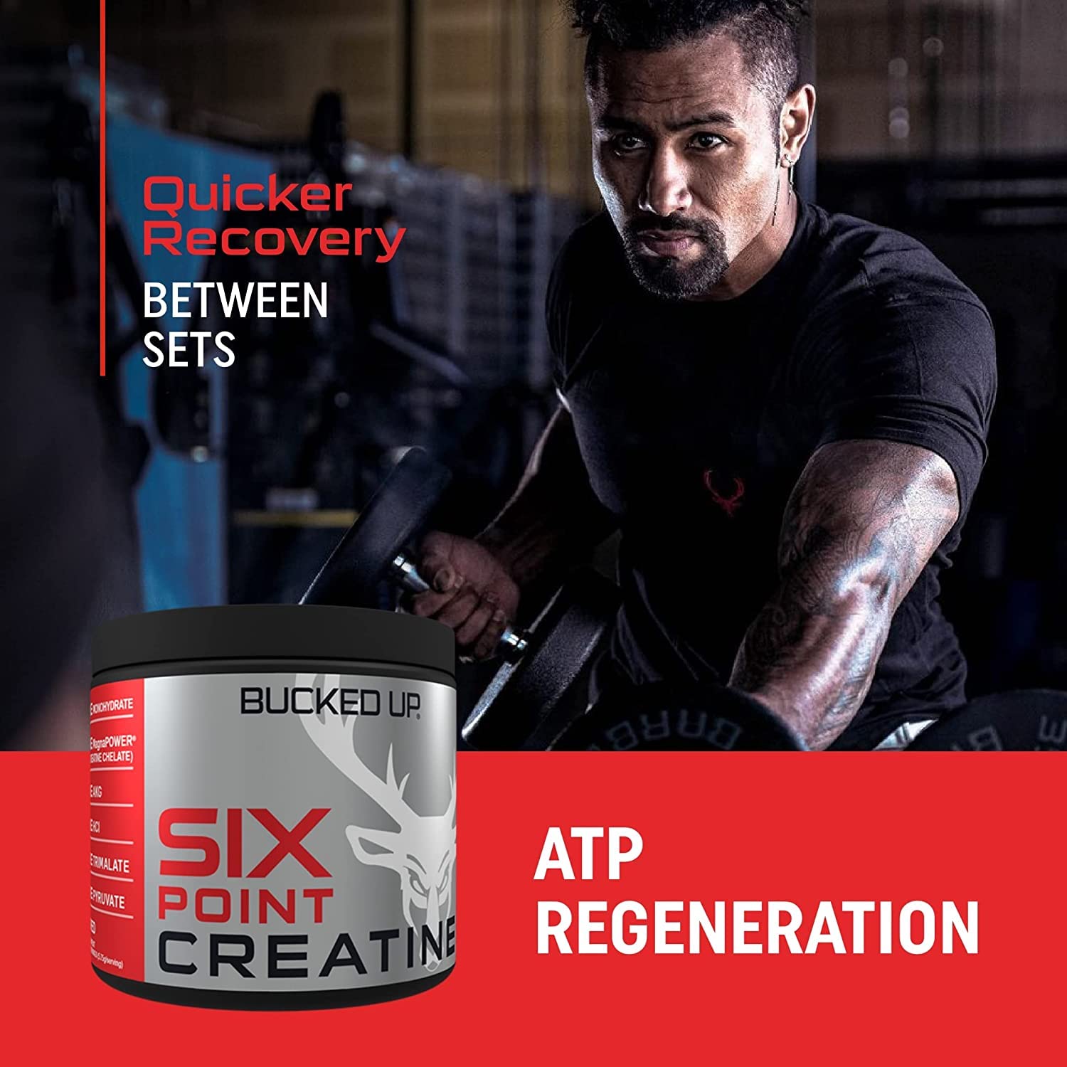 Bucked Up Six Point Creatine serving scoop ready to mix with beverage.