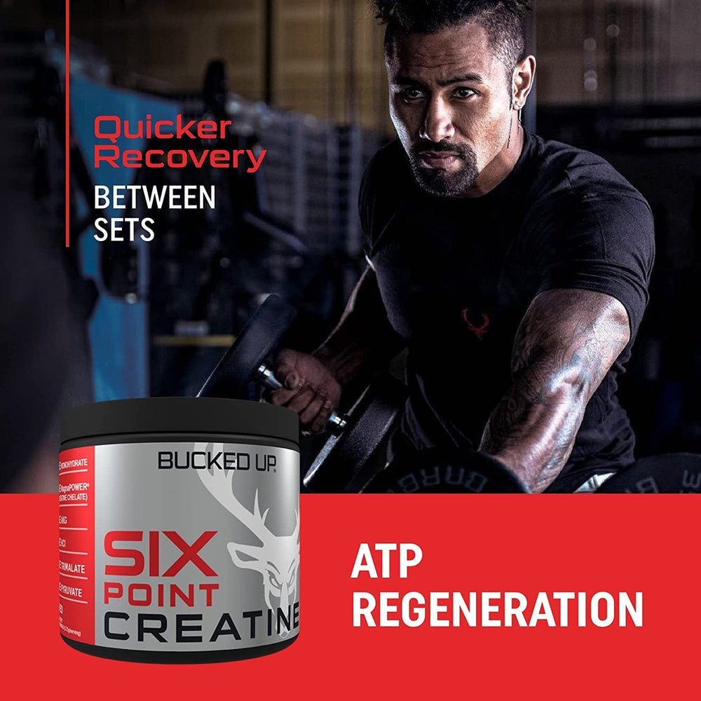 Bucked Up Six Point Creatine serving scoop ready to mix with beverage.
