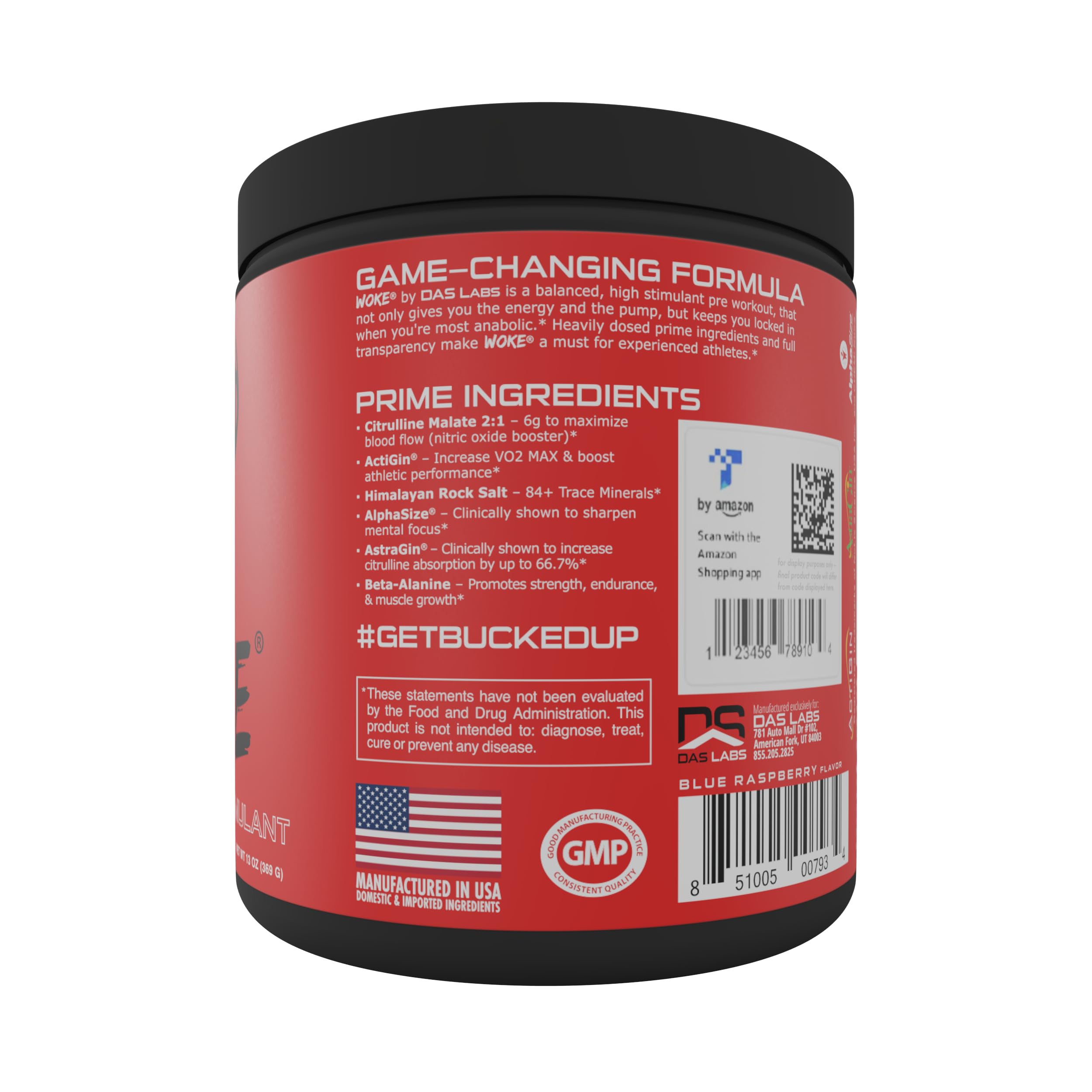 Bucked Up Woke blue raspberry tub front label highlighting Amazon exclusive formula.